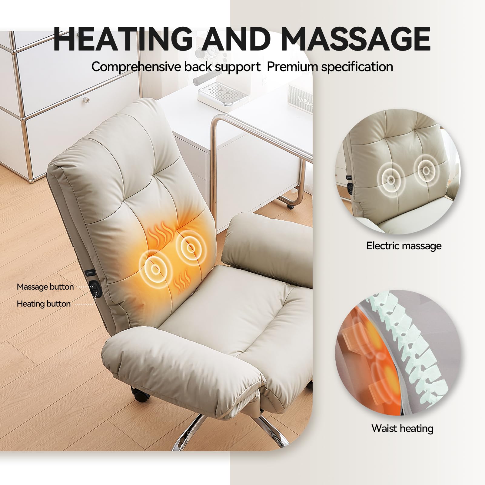 Heated and Massage Office Chair with Foot Rest Criss Cross Chair with Wheels and Flip-up Arms Reclining Desk Chair Comfy Wide Seat PU Leather Rolling Computer Home Office Chair (Beige)