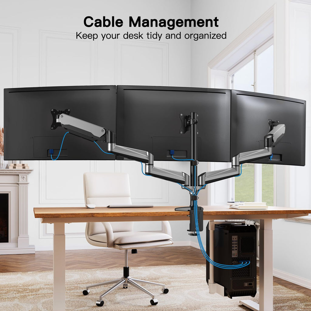 Gaming Triple Monitor Stand, Full Motion Articulating Triple Monitor Mount Fit 17 to 32 inch Flat/Curved LCD Computer Screens with Clamp, Grommet Kit, Silver