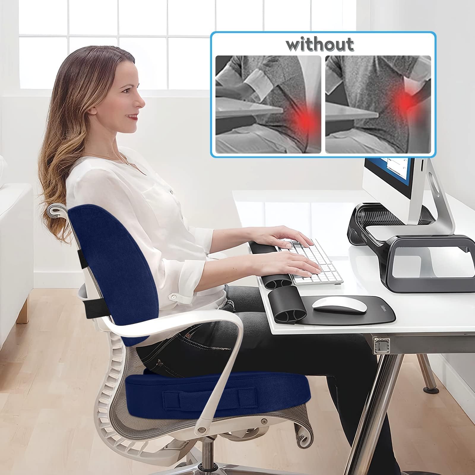 Lumbar Support Pillow & Seat Cushion Set for Office Chair, Desk Chair, Wheelchair & Car – Memory Foam Back Support, Ergonomic Chair Cushions, Sciatica Pain Relief, Home Essentials, Blue