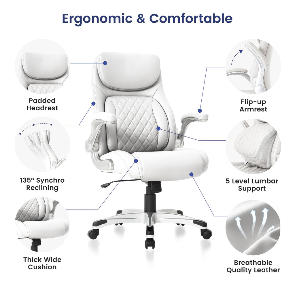 Nouhaus Ergonomic Office Chair Premium Leather Adjustable Lumbar Support & Armrests, High Back Comfy Desk Gaming Chairs Executive Computer Swivel Chair Tilt Function(Posture,White)