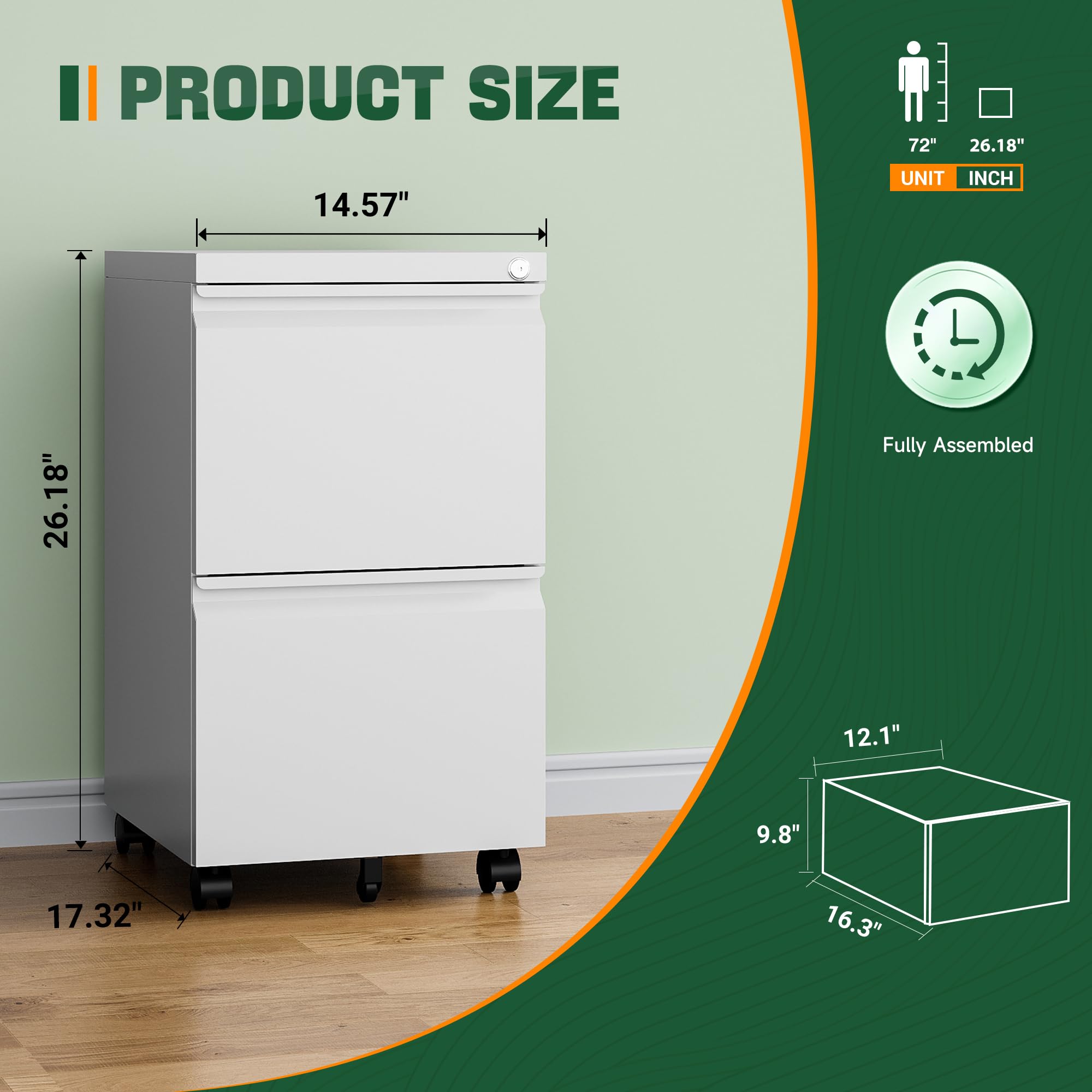 2 Drawer Mobile File Cabinet with Lock,Under Desk Metal Filing Cabinets for Home Office Organizer Letters/Legal/A4(Fully Assembled-White)