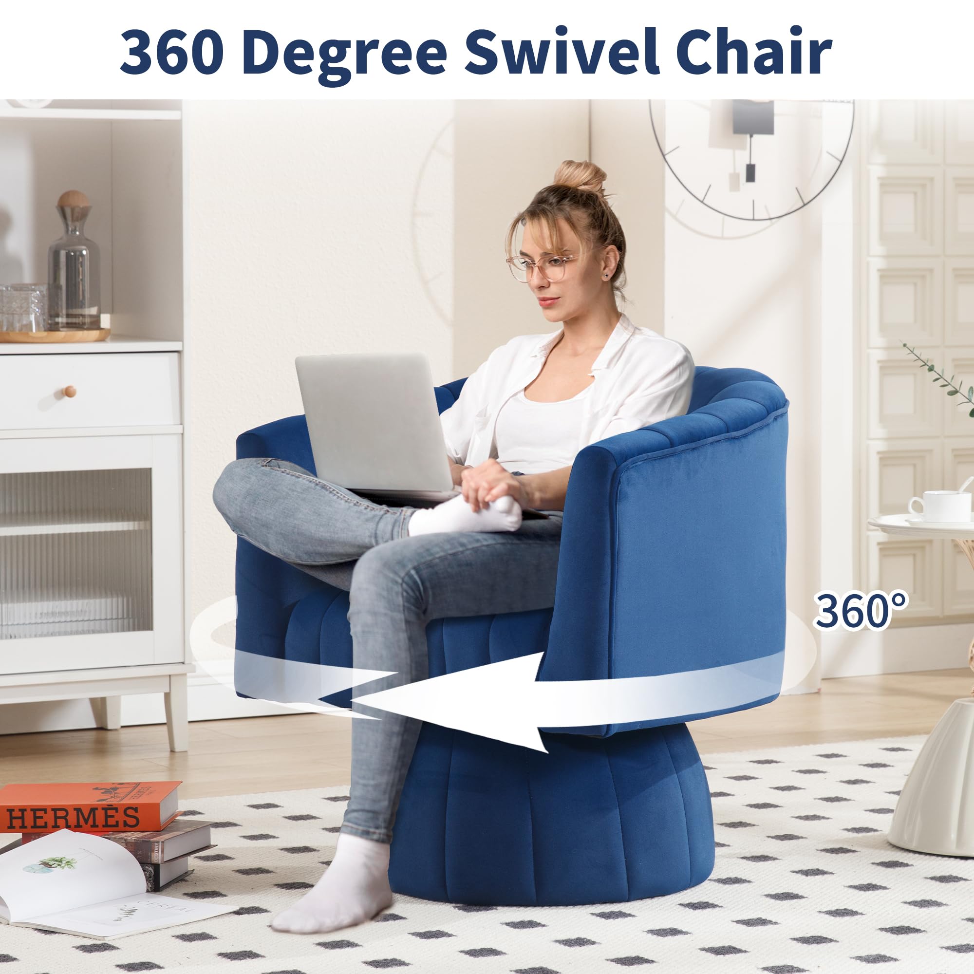 Swivel Accent Barrel Chair - Cute Comfy Small Round 360° Arm Chair Velvet Sofa Club Reading Chair for Office  Living Room Bedroom Dark Blue