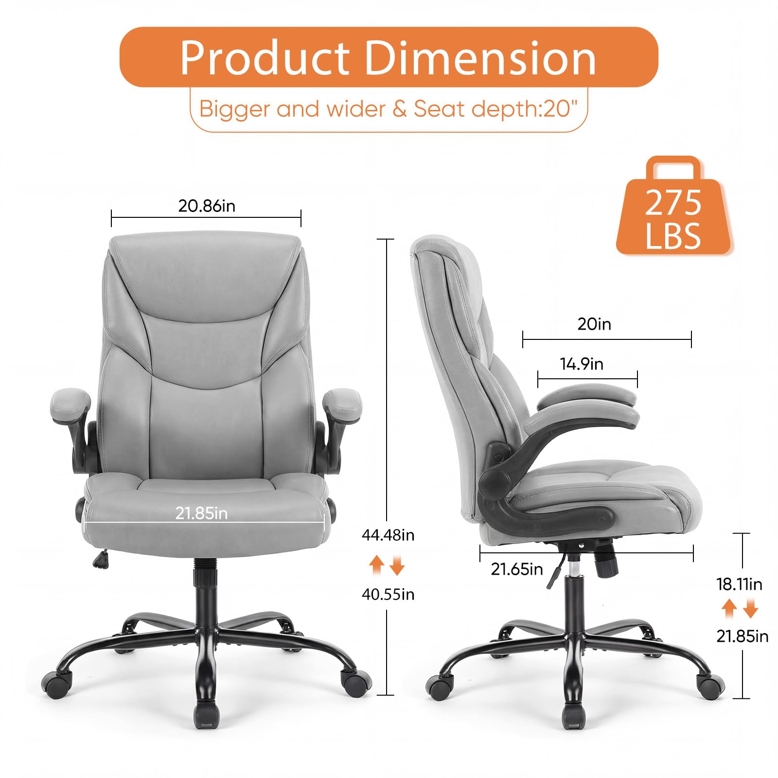 Office Computer Gaming Chair, Ergonomic High Back Heavy Duty Task Desk Chairs with Wheels, Flip-up Arms, Adjustable Height, PU Leather, Grey