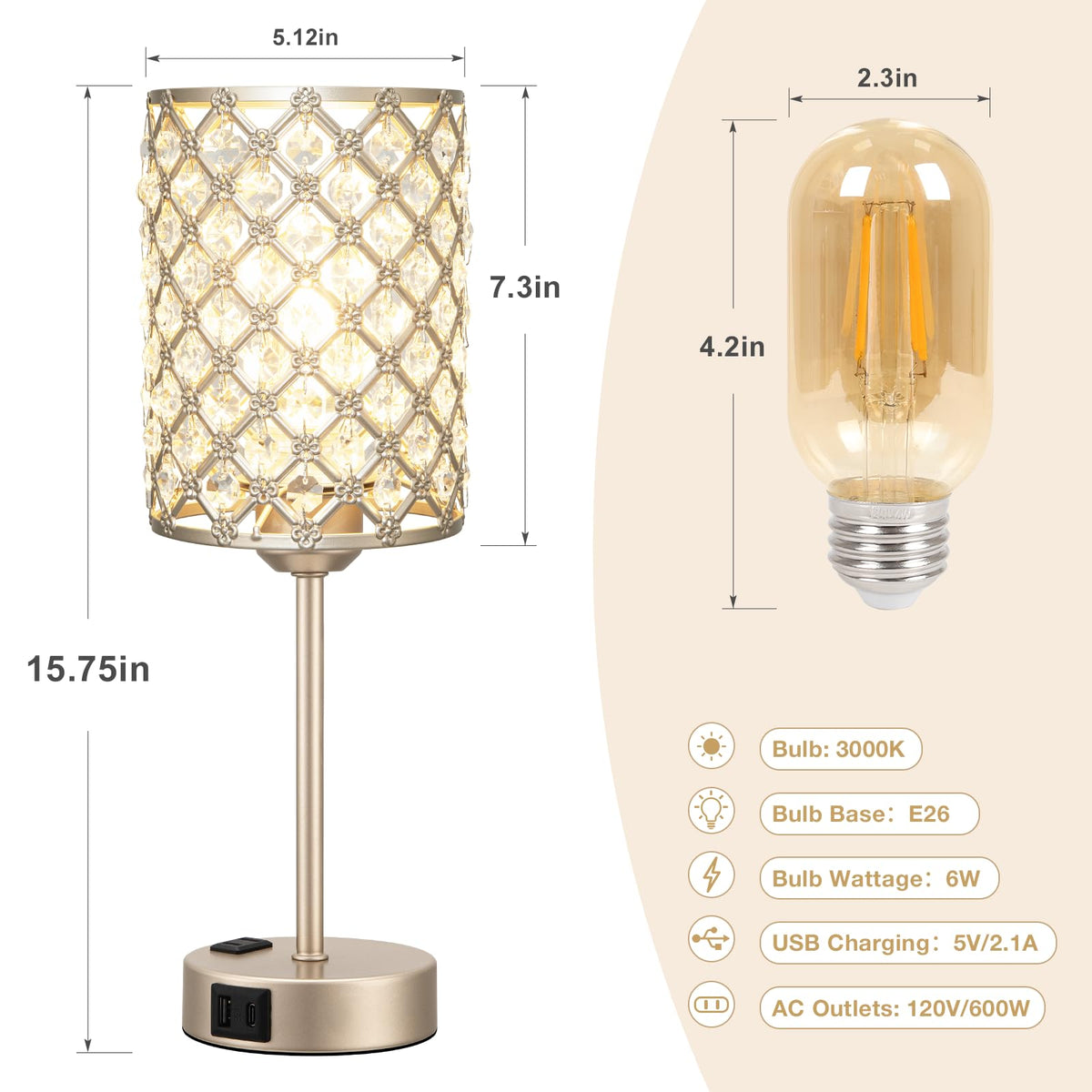 Champagne Gold Lamps for Night Stands, Crystal Table Lamp (Bulb Included)