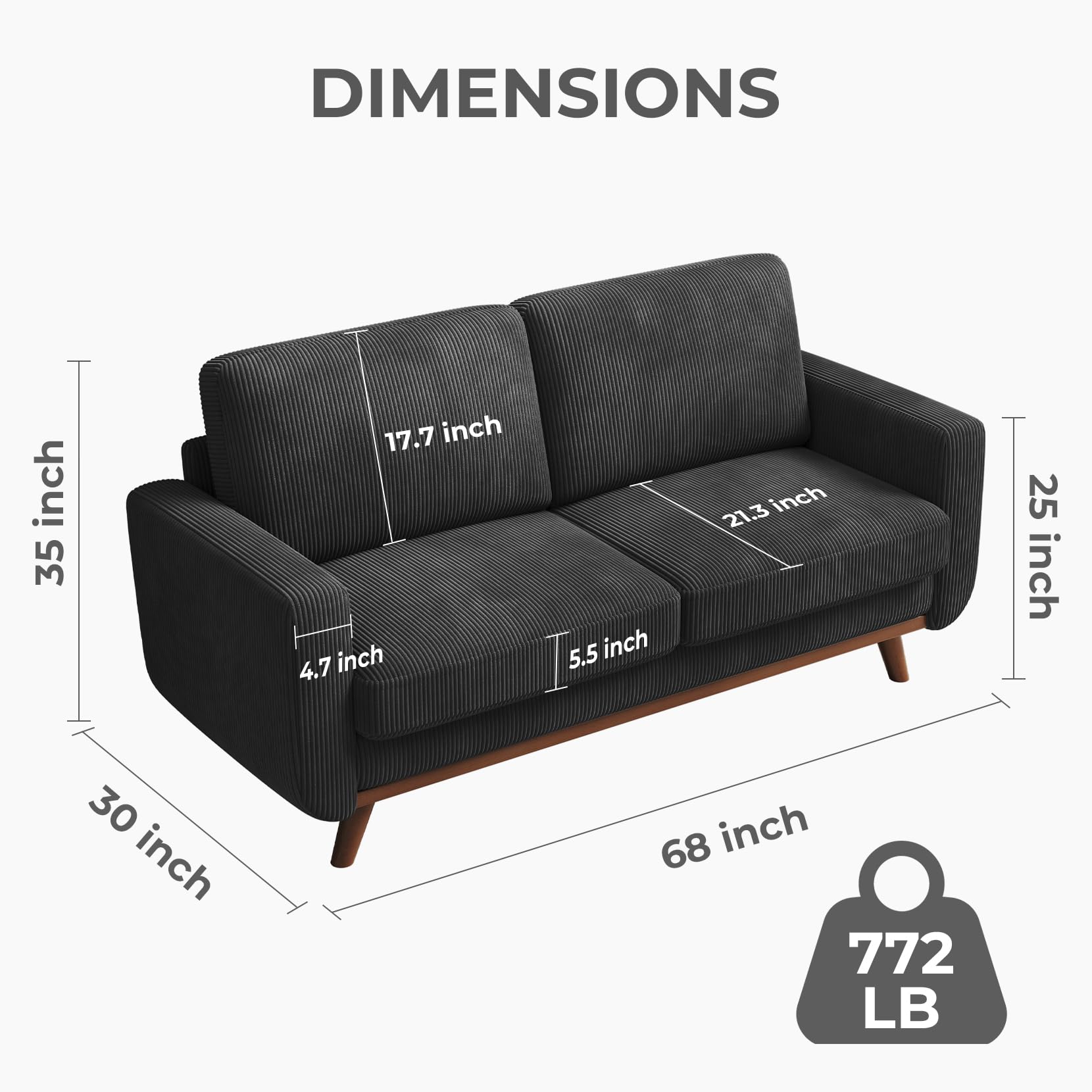 68" Loveseat Sofa Black, Comfy Corduroy Couch with Spring Cushion and Solid Wood, Modern Extra Deep Seat for Bedroom, Living Room, Office