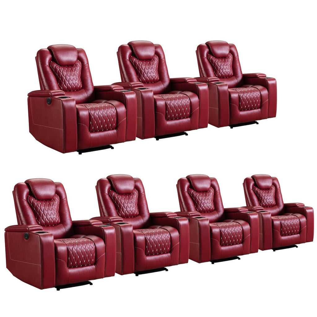 Power Recliner Chair Set of 7, Electric Soft Faux Leather Reclining Home Theater Seating - USB Ports, Cup Holders, Hidden Arm Storage Movie & Media Room Chairs (Red)