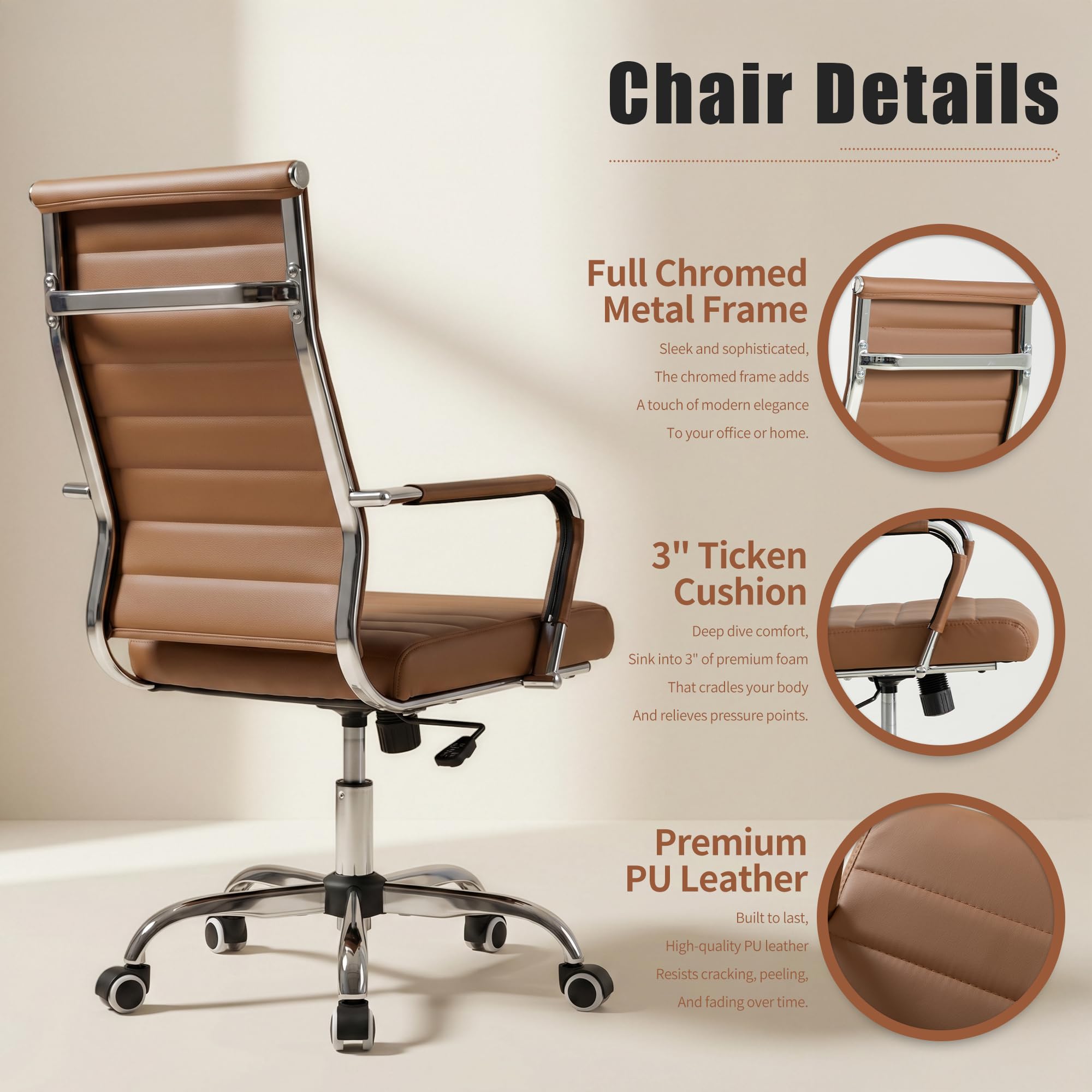 Ergonomic Office Desk Chair, Ribbed Leather Modern Conference Room Chairs, Executive Adjustable Swivel Rolling Chair for Home & Office.