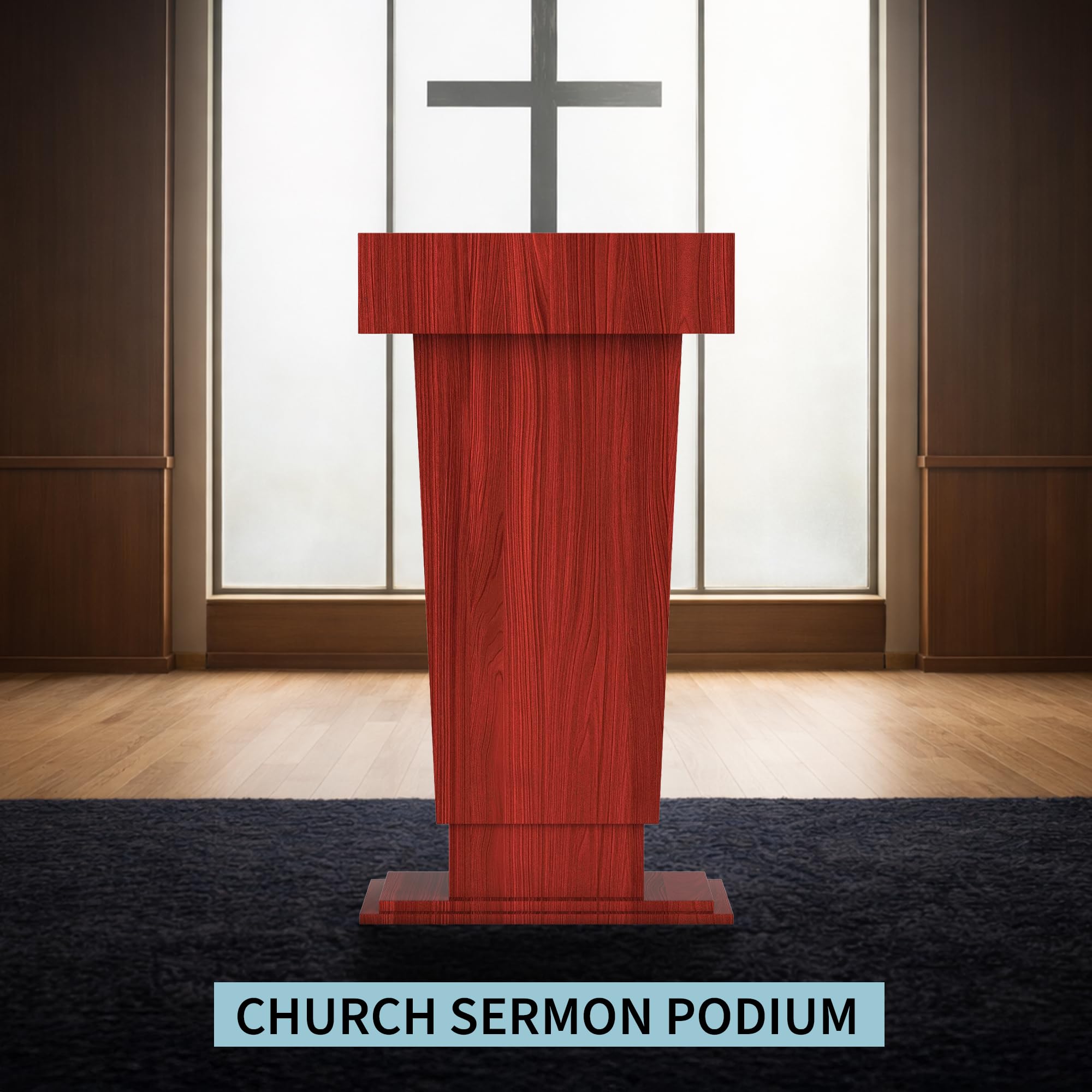 Wooden Podium Stand with Wheels, 41”–54.5” Height Adjustable Lectern, Mobile Podium with Crank Lift, Stable Base & Storage Shelf, Elegant Pulpit for Churches, Schools, Seminars and Auditoriums
