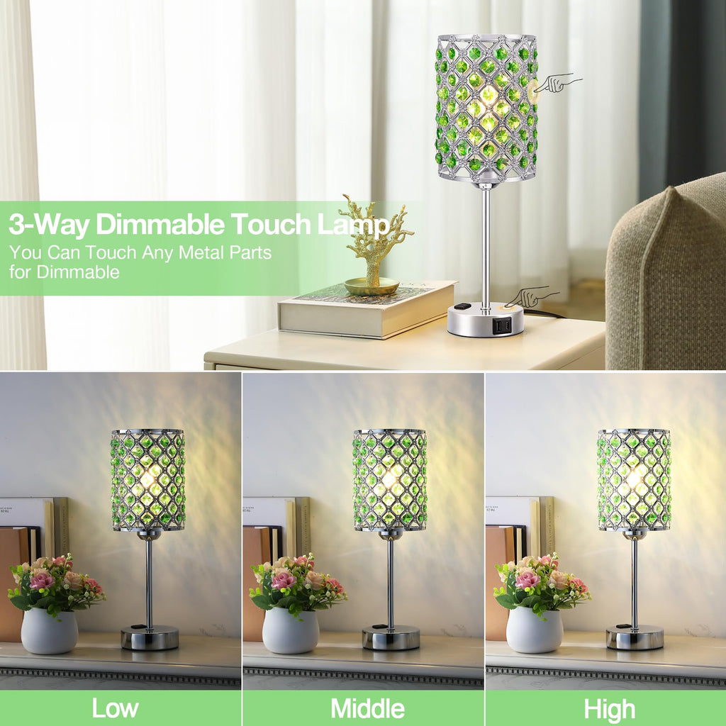 Crystal Lamp for Night Stands, Green Table Lamp for Bedroom, Bulb Included