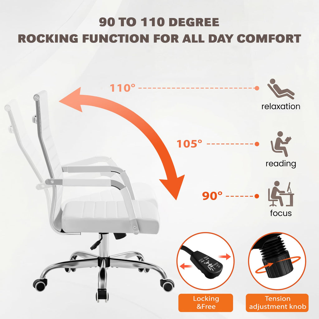 (2, White) Ergonomic Office Desk Chair, Executive Ribbed Mid-Back PU Leather Conference Room Chair Adjustable Swivel Chair with Arms