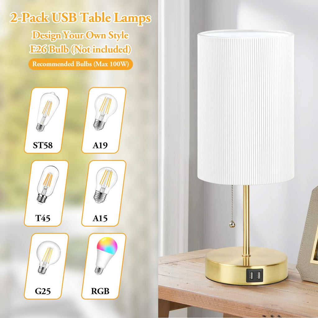 2 Sets Table Lamps with 2 USB, Minimalist Beside Lamps for Bedroom, Nightstand Lamp with Pull Chain, Desk Lamps with White Pleated Shade and Gold Metal Base for Living Room Dorm Reading Hotel