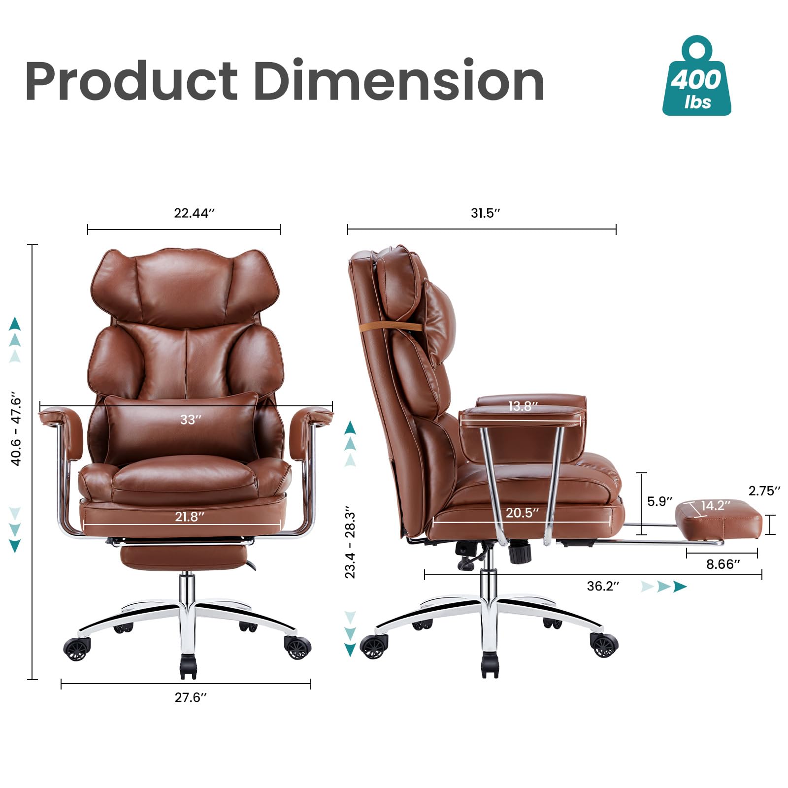 Home Office Desk Chair Comfy with Foot Rest, PU Leather Ergonomic Big and Tall High Back Support, 360° Swivel Wheels, Armrests and Detachable Pillow, Height Adjustable, Brown