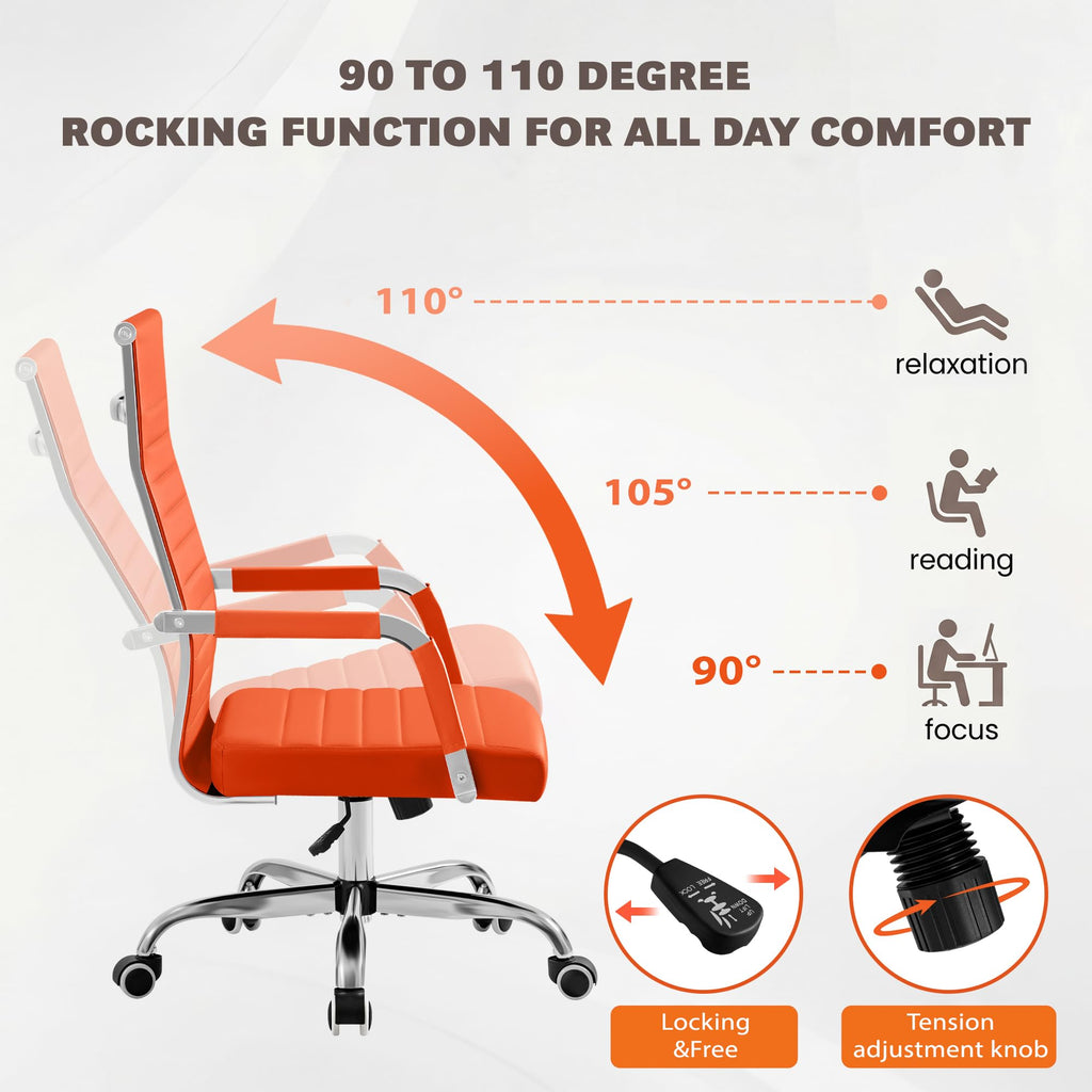 (2, Orange) Ergonomic Office Desk Chair, Executive Ribbed Mid-Back PU Leather Conference Room Chair Adjustable Swivel Chair with Arms