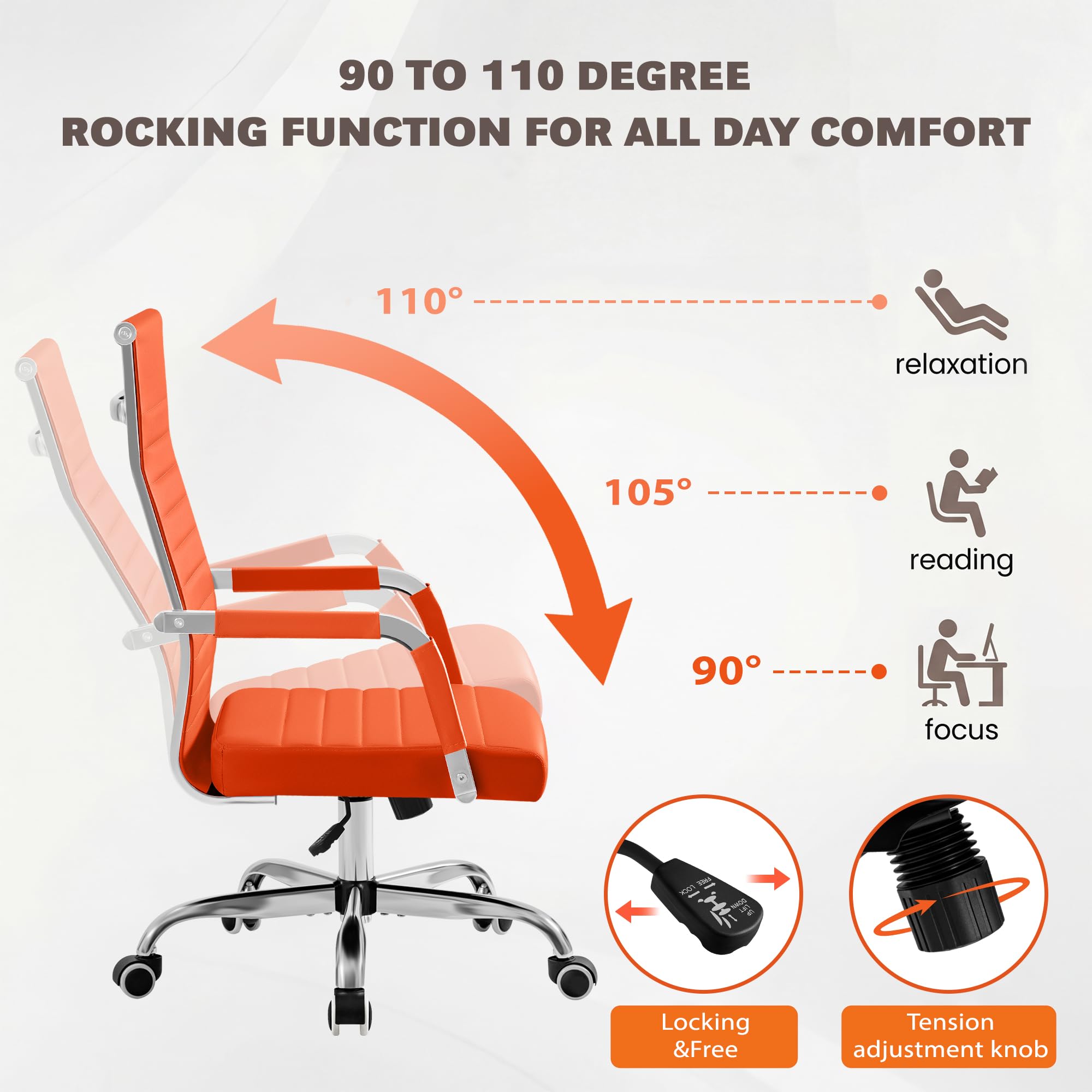 (2, Orange) Ergonomic Office Desk Chair, Executive Ribbed Mid-Back PU Leather Conference Room Chair Adjustable Swivel Chair with Arms