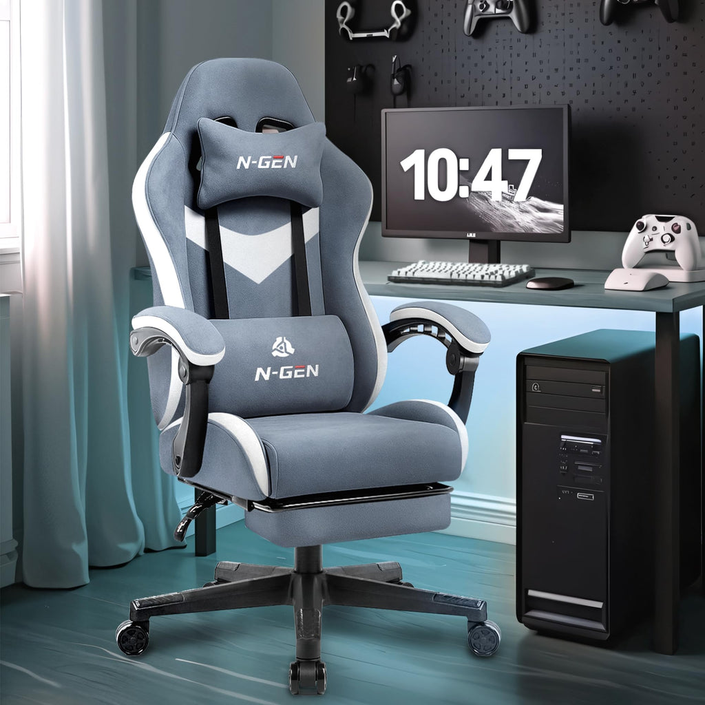 Gaming Chair with Footrest Lumbar Support for Home Office High Back Recliner Height Adjustable Ergonomic Comfy Fabric Computer Desk Chair (Blue)