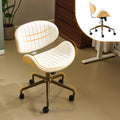 Wide Comfotable Swivel Home Office Chair with Wood-Grain Curved Shell,Ergomomic Mid-Back Padded Armless Rolling Desk Chair with Wheels,Height Adjustable for Computer,Task,Work,PU Leather,White