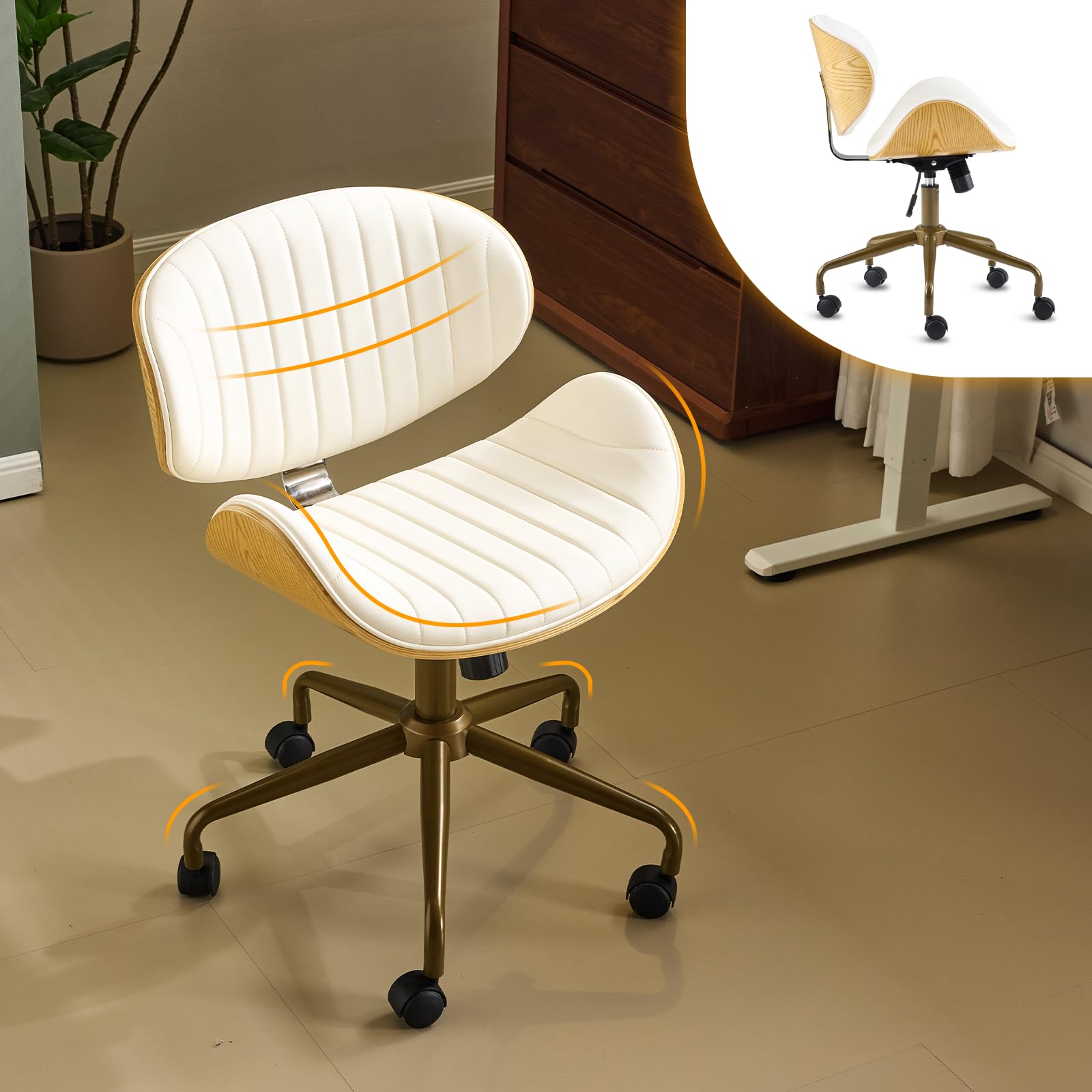 Wide Comfotable Swivel Home Office Chair with Wood-Grain Curved Shell,Ergomomic Mid-Back Padded Armless Rolling Desk Chair with Wheels,Height Adjustable for Computer,Task,Work,PU Leather,White