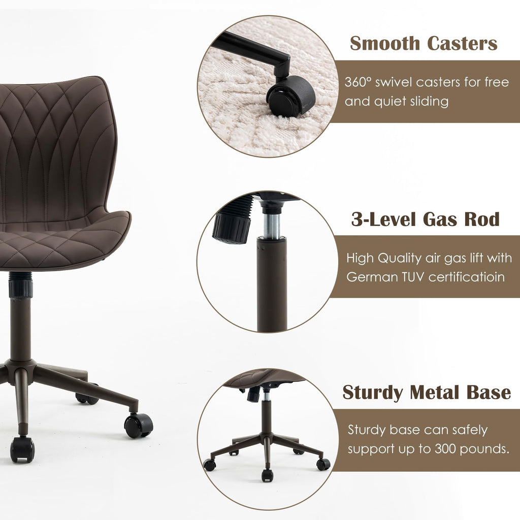 Armless Desk Chair Comfy Office Chair with Wheels Home Ergonomic Task Chair Adjustable Computer Chairs Modern Faux Leather Swivel Chair Upholstered Makeup Vanity Chair with Back(Brown)