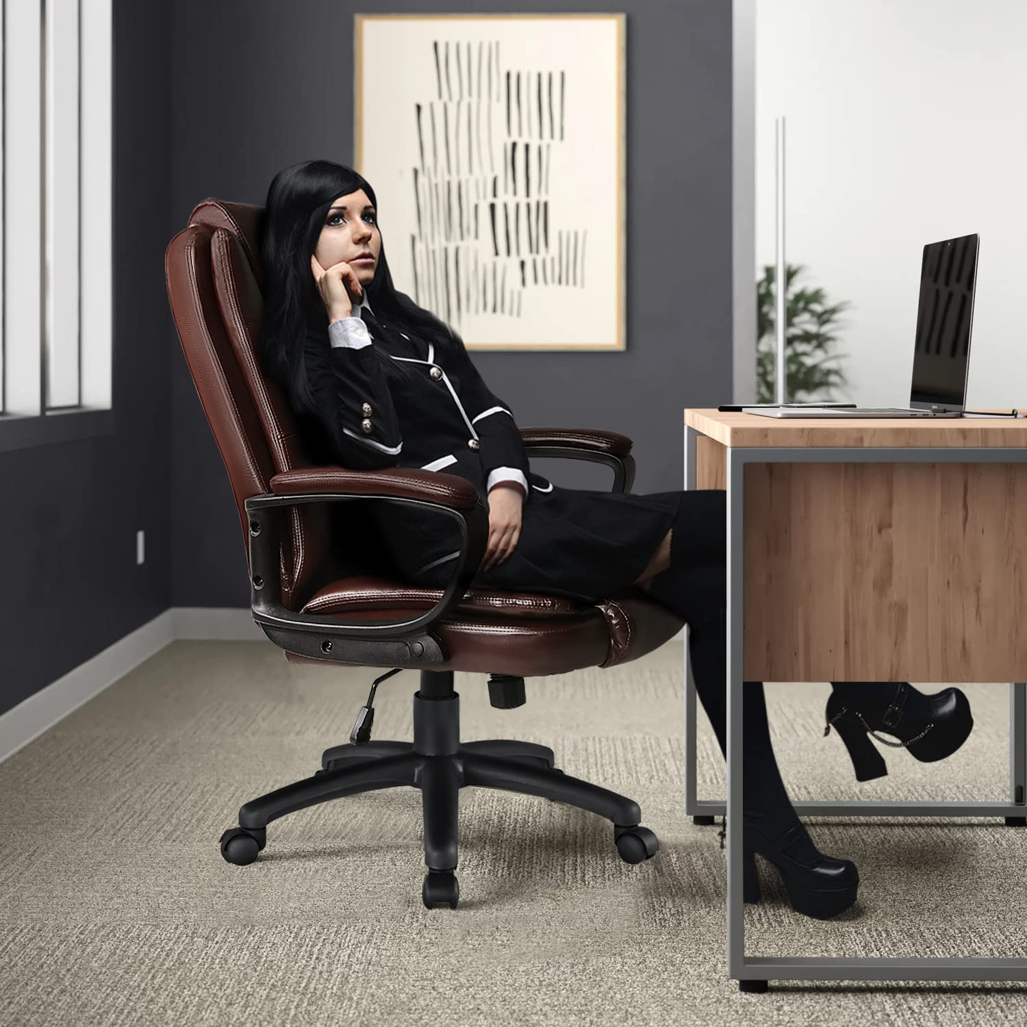 Leather Office Desk Chair,Ergonomic Office Chair with Lumbar Support,Computer Chair,Executive Leather Chair with Padded Flip-up Arm,Adjustable Armrests, Black,275LBS