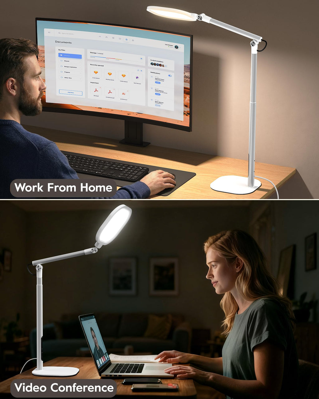 Tall LED Desk Lamps with Base, Edge-Lit Eye-Care, 50 Light Modes