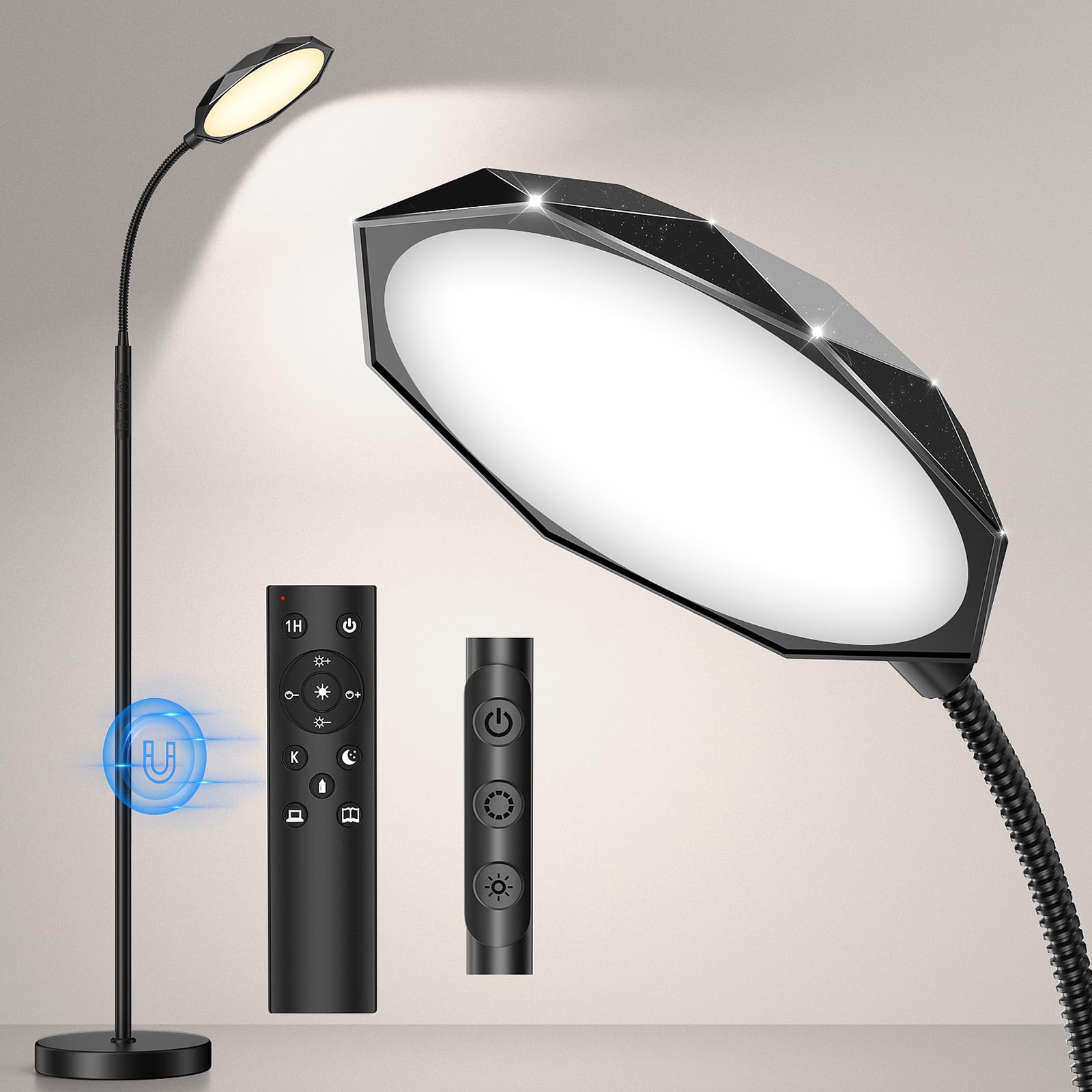 Floor Lamp, 18W Bright LED Floor Lamps for Living Room with Diamond-Surface, Stepless Adjustable Colors & Dimmer Standing Lamp with Timer, Remote & Touch Control, Reading Lights for Bedroom, Office