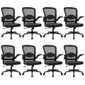 Desk Chairs with Wheels, Ergonomic Mesh Back PU Leather Seat Home Office Adjustable Lumbar Support and Height Swivel Rolling Computer Task Chair with Flip Up Arms for Conference, Black, 8PK