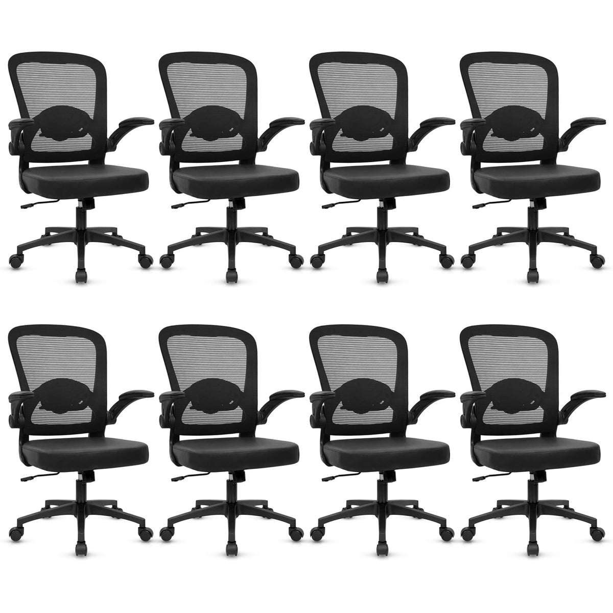 Desk Chairs with Wheels, Ergonomic Mesh Back PU Leather Seat Home Office Adjustable Lumbar Support and Height Swivel Rolling Computer Task Chair with Flip Up Arms for Conference, Black, 8PK