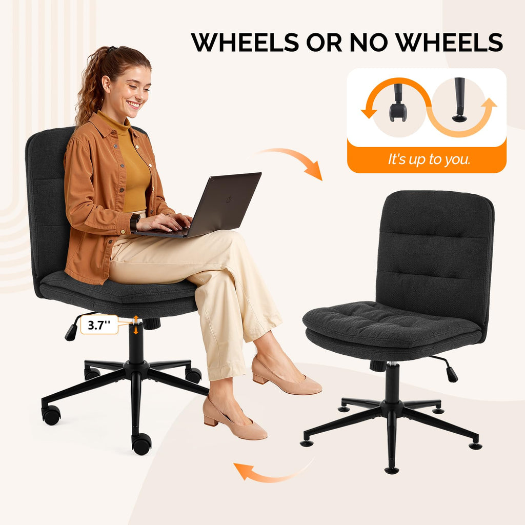 Mid Back Armless Office Desk Chair with Wheels/no Wheels,360°Rocking Swivel Vanity Chair with Thickened Cushion,Adjustable Height Rolling for Reading Room, Make up, Linen Black