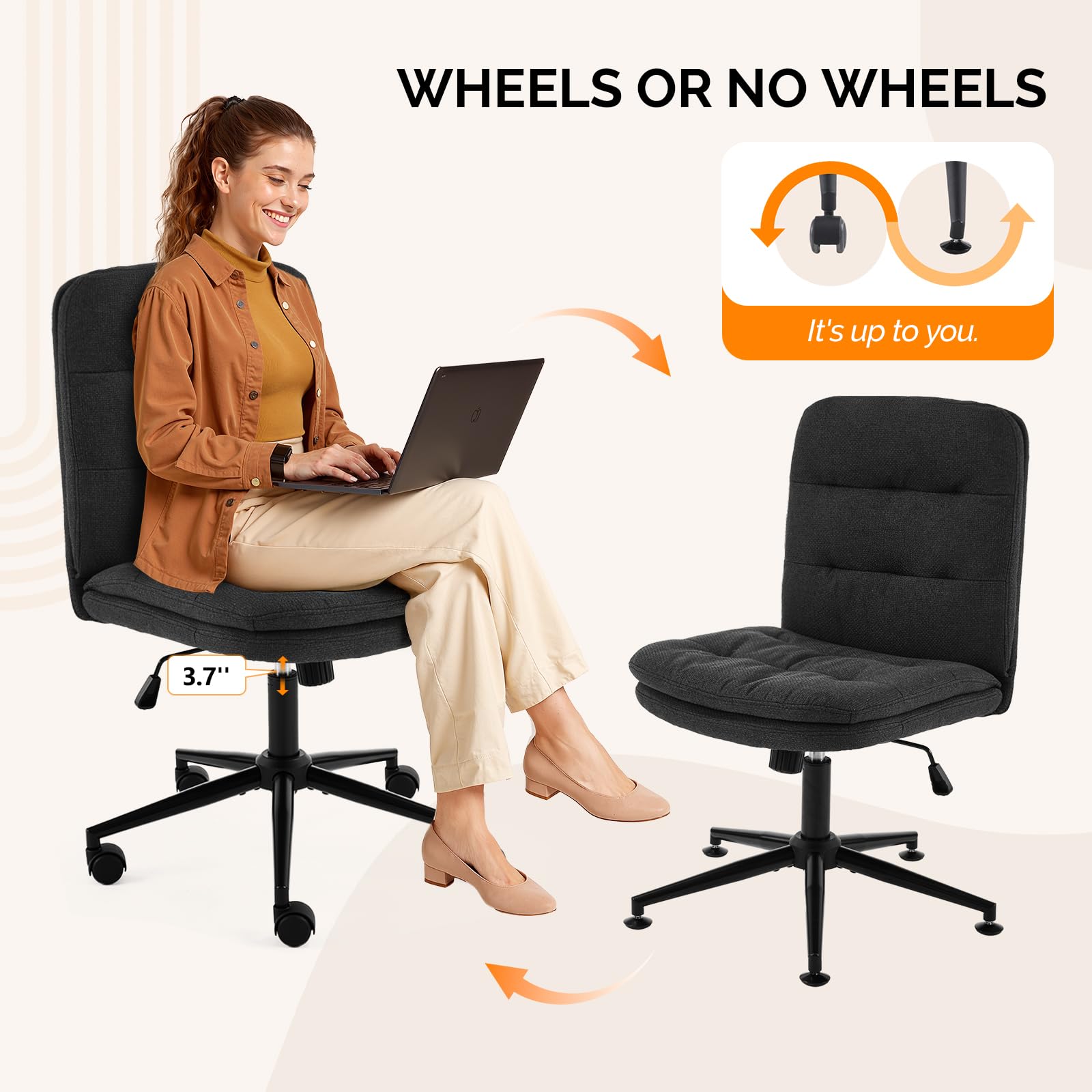 Mid Back Armless Office Desk Chair with Wheels/no Wheels,360°Rocking Swivel Vanity Chair with Thickened Cushion,Adjustable Height Rolling for Reading Room, Make up, Linen Black
