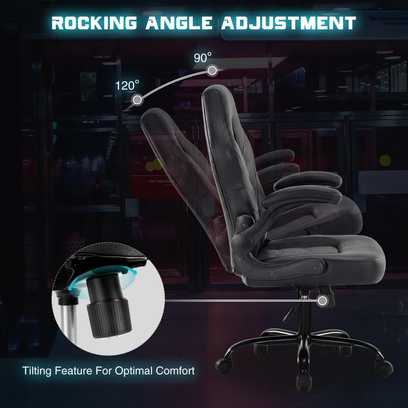 Computer Gaming Desk Chair - Big Tall Ergonomic Lumbar Support with Flip-up Armrest and 360° Swivel Wheels, PU Leather Height Adjustable, for Home and Office, Black