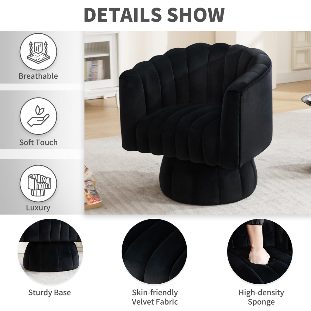 Swivel Accent Barrel Round Chair - Comfy 360° Arm Chairs Cute Small Sofa Club Velvet Reading Chair for Office Living Room Bedroom - Black