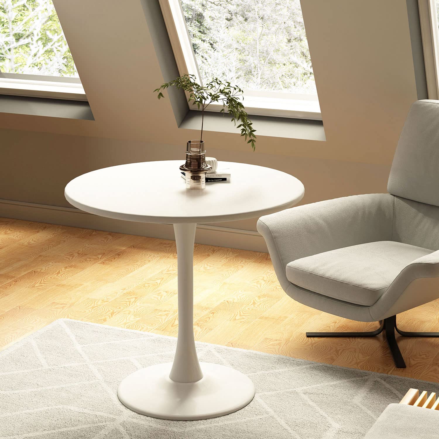 Kasinali Round Dining Table 31.5" Circle Tulip Table with Wood Thickened Tabletop & Sturdy Metal Pedestal Mid Century Modern Leisure Bistro Kitchen Tables 4 People Small Places Living Room Cafe,White