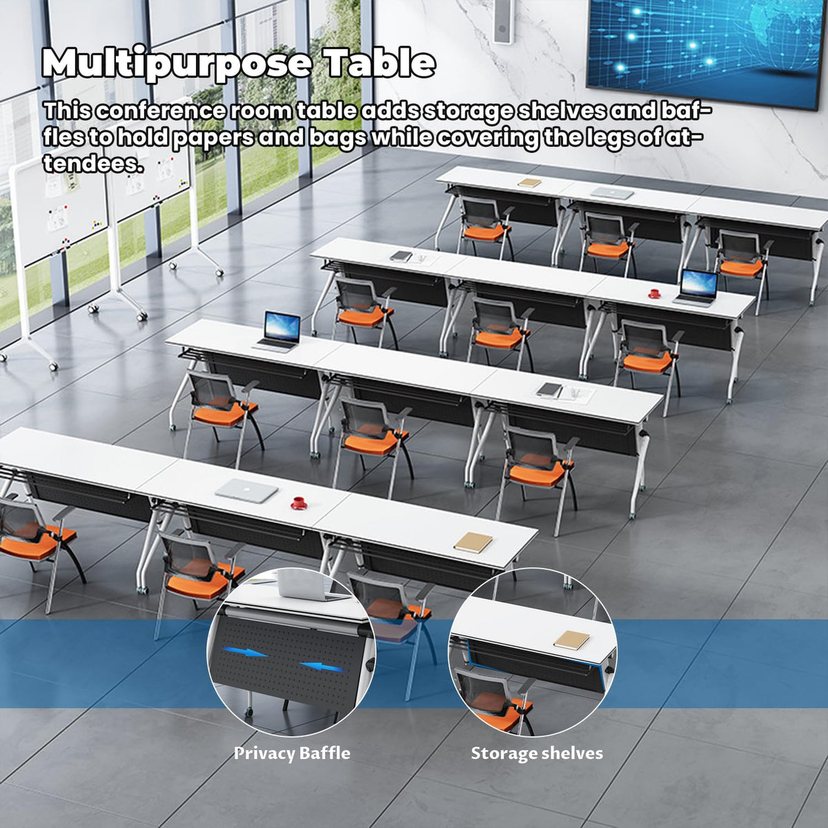 Conference Tables,47.2x23.6x29.5in Modern Folding Conference Room Tables Seminar Mobile Training Tablewith Caster,Modular Flip Top Meeting Table for Office Conference Room (White, 6 Pack)