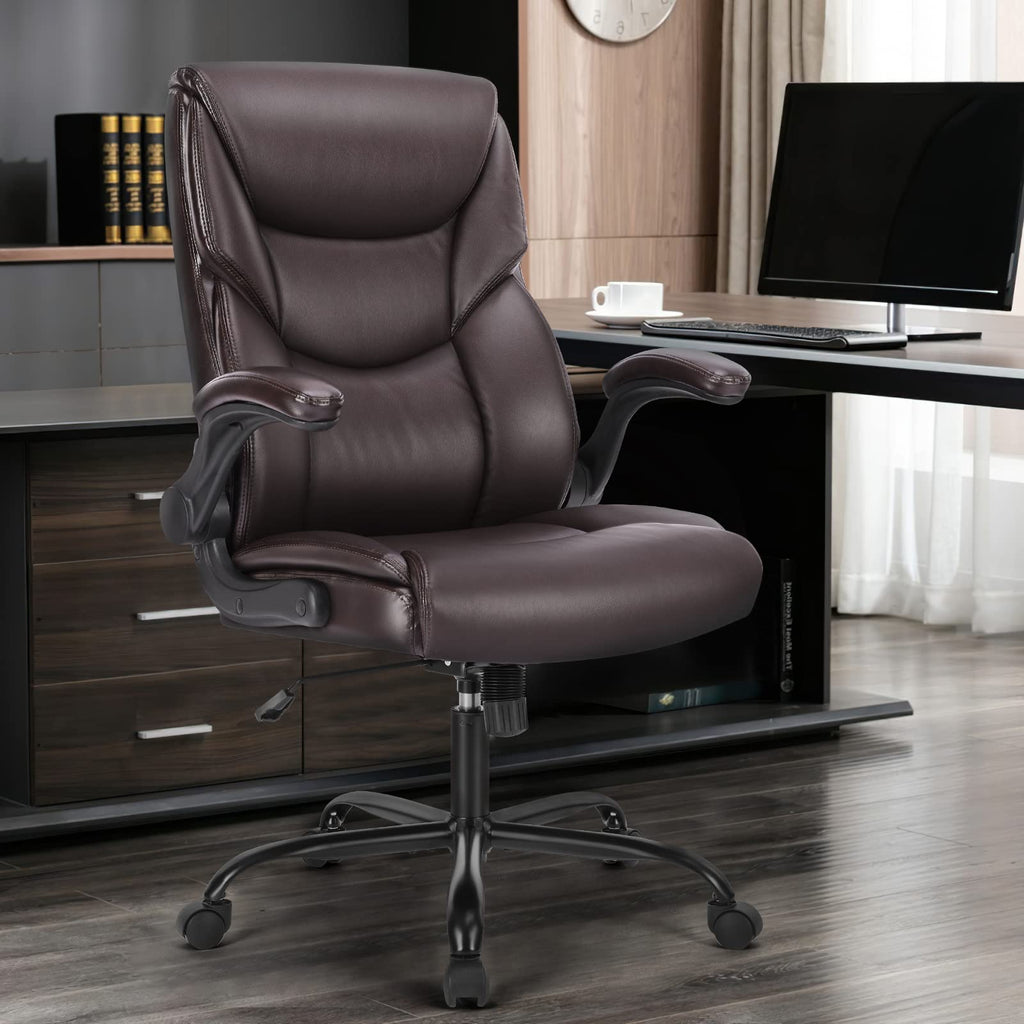Ergonomic Office Chair, Heavy Duty 275lbs High Back Desk Chair, Flip-up Armrest PU Leather Swivel Rolling Chair with Wheels,Brown