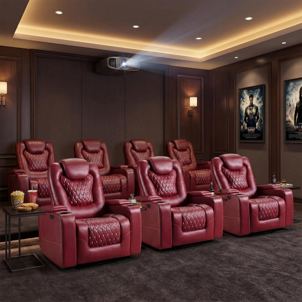 Power Recliner Chair Set of 7, Electric Soft Faux Leather Reclining Home Theater Seating - USB Ports, Cup Holders, Hidden Arm Storage Movie & Media Room Chairs (Red)