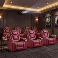 Power Recliner Chair Set of 7, Electric Soft Faux Leather Reclining Home Theater Seating - USB Ports, Cup Holders, Hidden Arm Storage Movie & Media Room Chairs (Red)