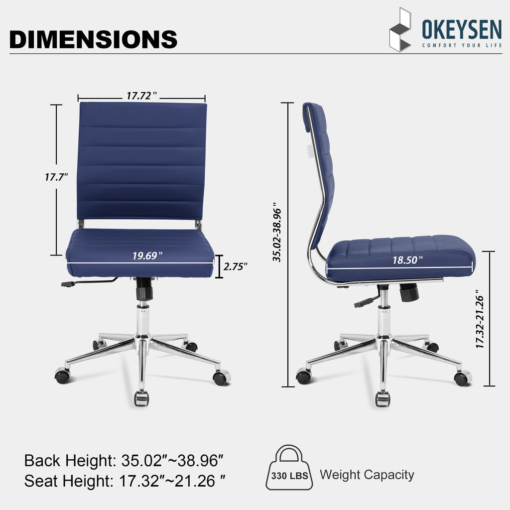 Armless Office Desk Chair, Mid Back Leather Conference Room Chairs Without Armrests, Modern Office Chair Ribbed.