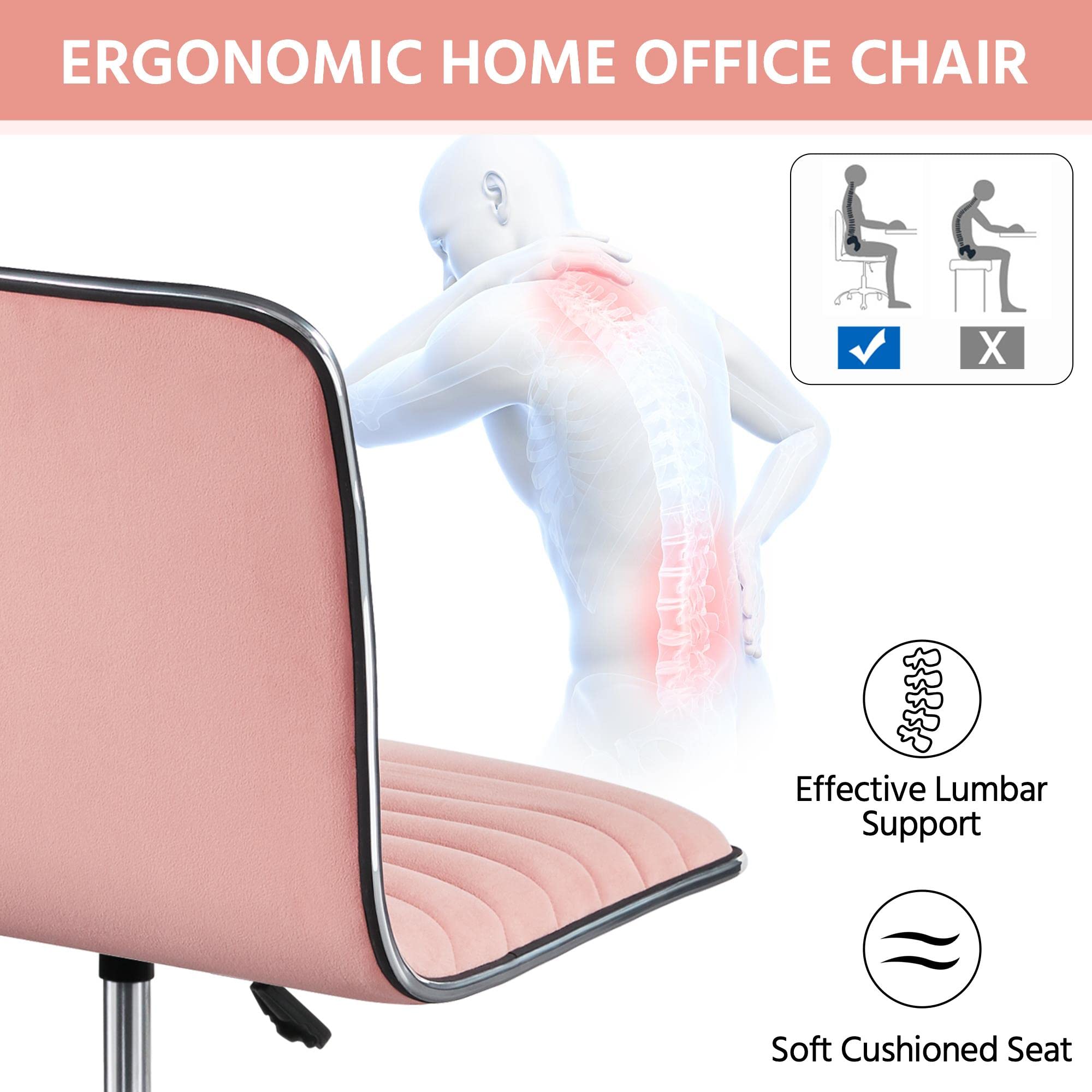 Velvet Low Back Armless Ribbed Vanity Chair Height Adjustable Swivel Task Office Chair, Apricot Pink