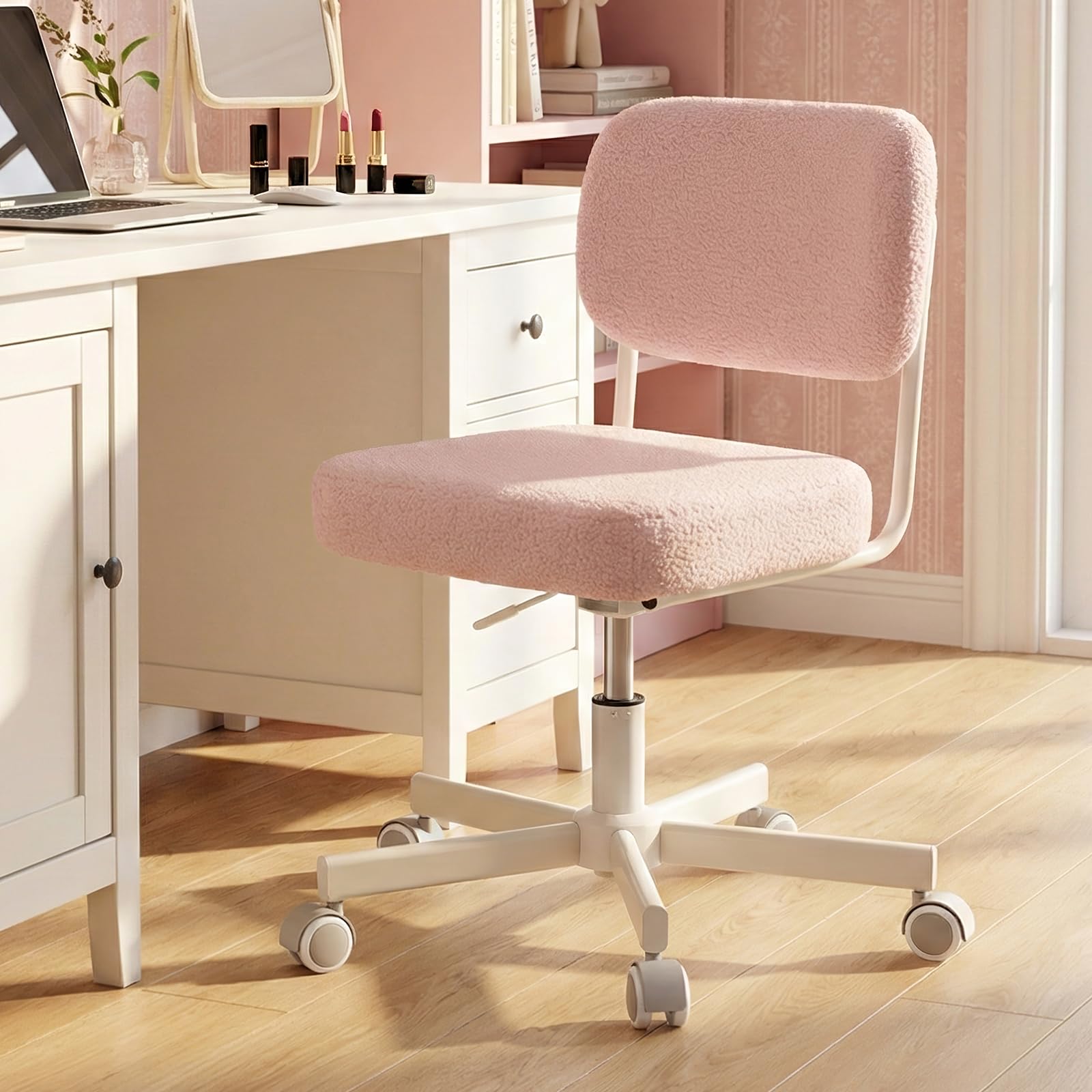 Vanity Chair with Wheels, Cute Armless Desk Chair with Back, Height Adjustable Swivel Small Office Chair, Comfy Velvet Computer Task Chair for Bedroom, Study, Dressing Room Pink