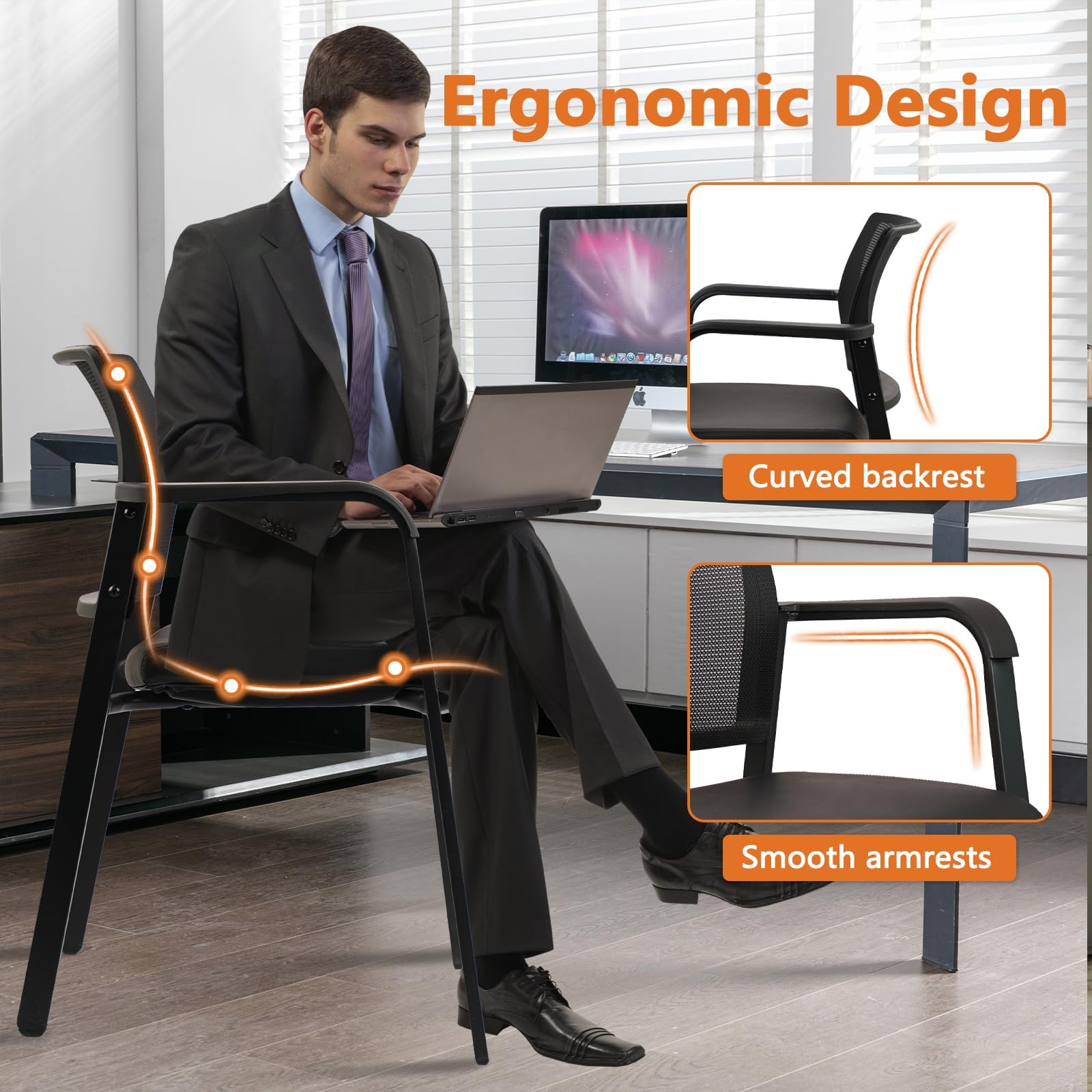 Set of 4, Stackable Office Chair, Mesh Back Guest Chairs with Comfortable Leather Seat Arms Stacking Ergonomic Desk Chair No Wheels for Conference Waiting Reception School Stationary, Black