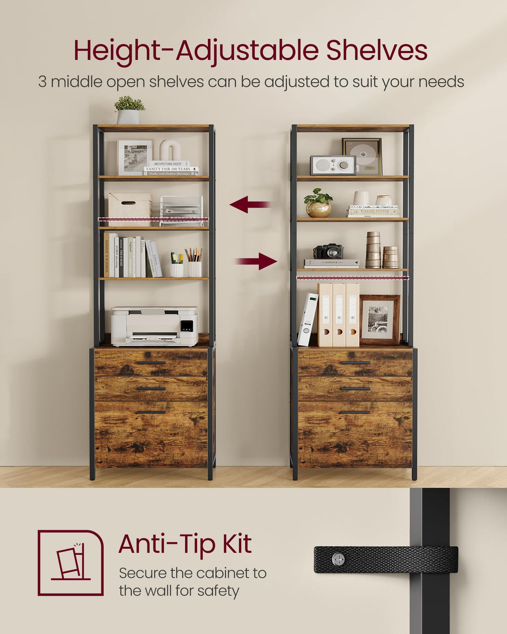 File Cabinet, Home Office Filing Cabinet with Height-Adjustable Open Shelves, 3 Drawers, for A4, Letter-Size Hanging File Folders, Steel Frame, for Home Office, Rustic Brown