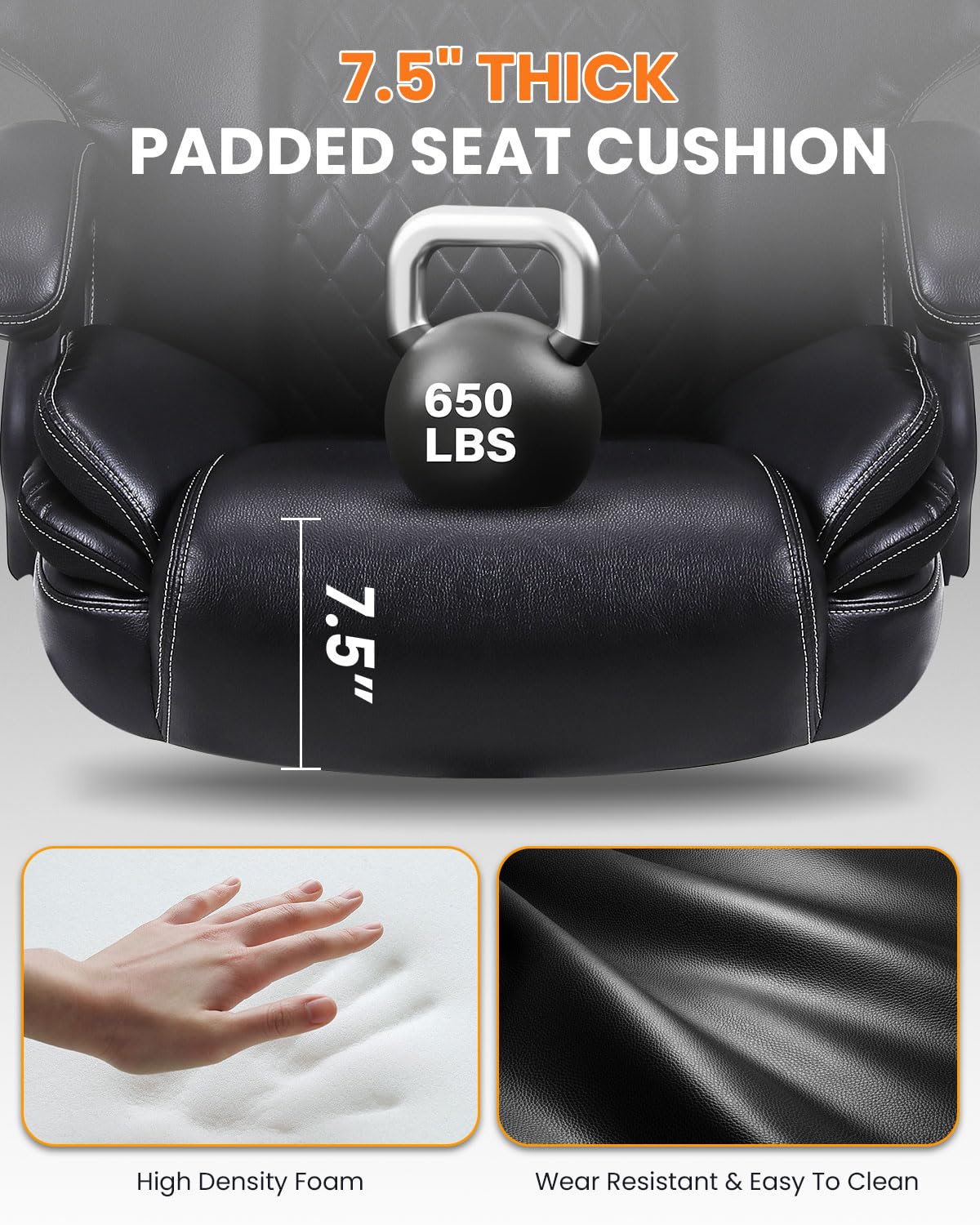 650lbs Large Big and Tall Office Chair for Heavy People with Adjustment Lumbar Support, Comfy Padded Heavy Duty Leather Executive Office Chair with Quiet Rubber for Adults 8 Hours Daliy Work