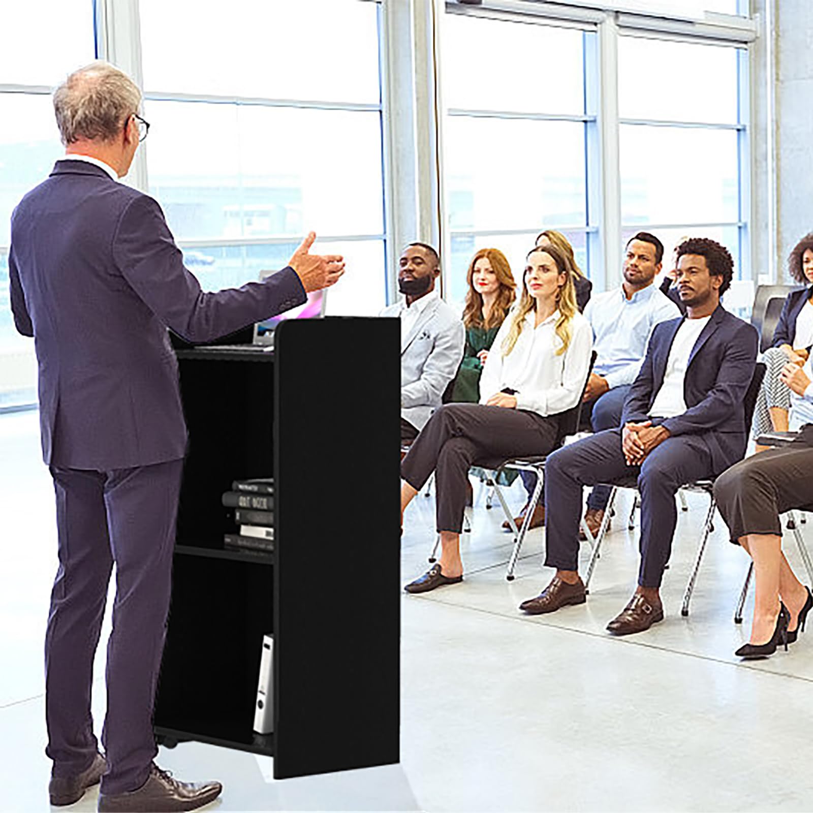 Podium Stand - Portable Podium Stand with 4 Rolling Wheels, Pulpits for Churches with Adjustable Shelf, Hostess Stand, Mobile Teacher lecterns & podiums for Church, Classroom, Office (Black)