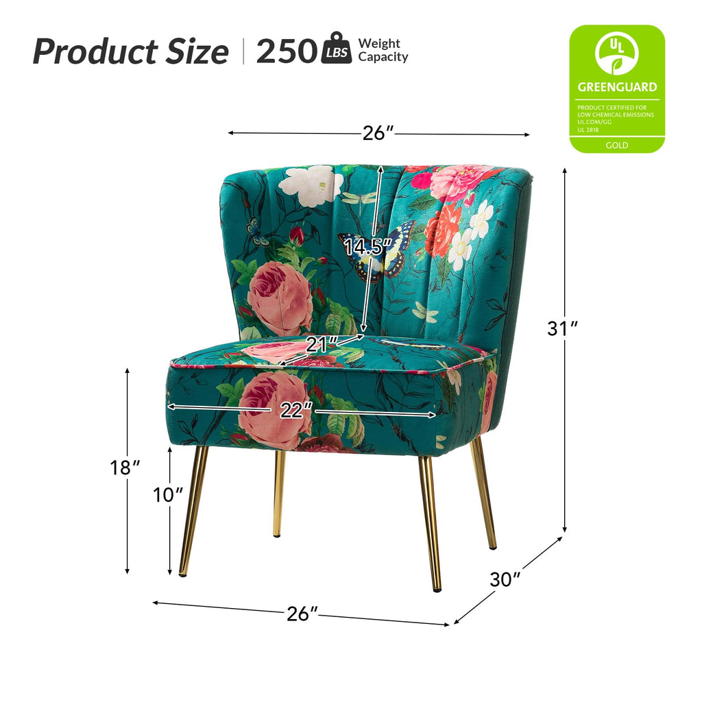 Accent Chair with Golden Metal Legs, Comfy Tufted Wingback Living Room Chair Floral Fabric Small Armless Side Chair, Upholstered Slipper Chair for Bedroom, Reading Room (Flower Print&BLUE)