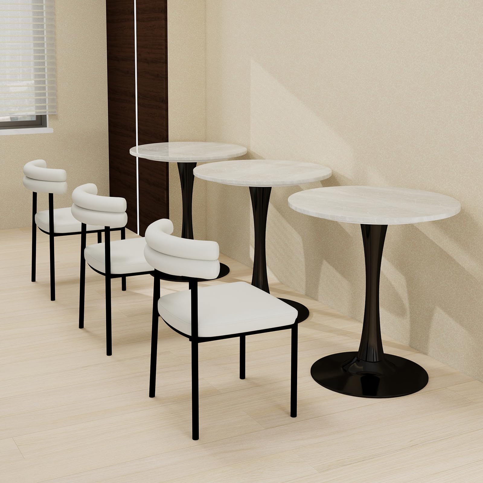 Sybrioka 27.6" Marble Round Tulip Table, Mid-Century Modern Style Dining Table with Black Pedestal Base for 2-4 People, Featuring A Marble Tabletop for Kitchen, Dining Room, Cafe (Grayish White)