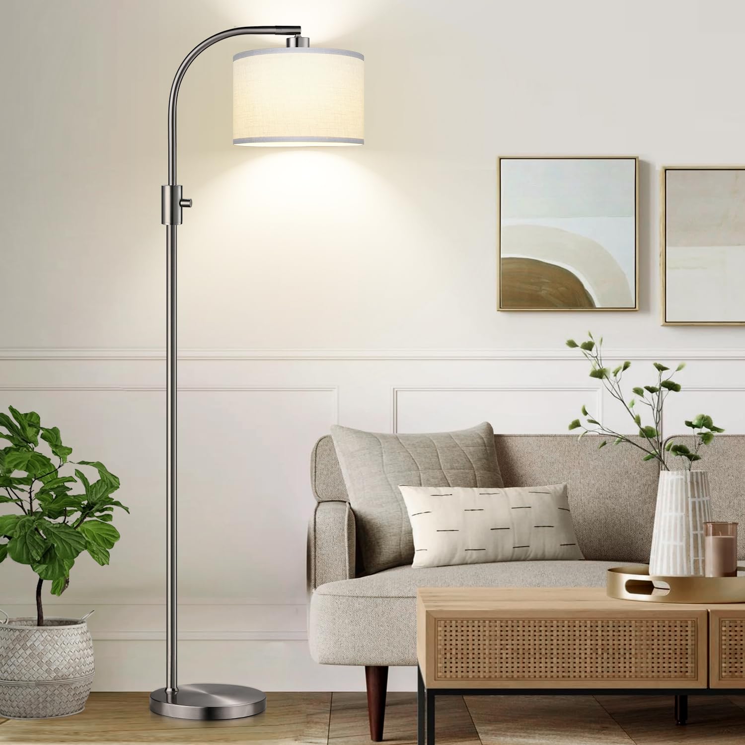 Upgraded Modern Arc Dimmable Tall Standing Floor Lamp with Linen Shade, 1200 Lumens LED Bulb Included, for Living & Reading Room, Bedroom, Office & Nursery, Brushed Nickel