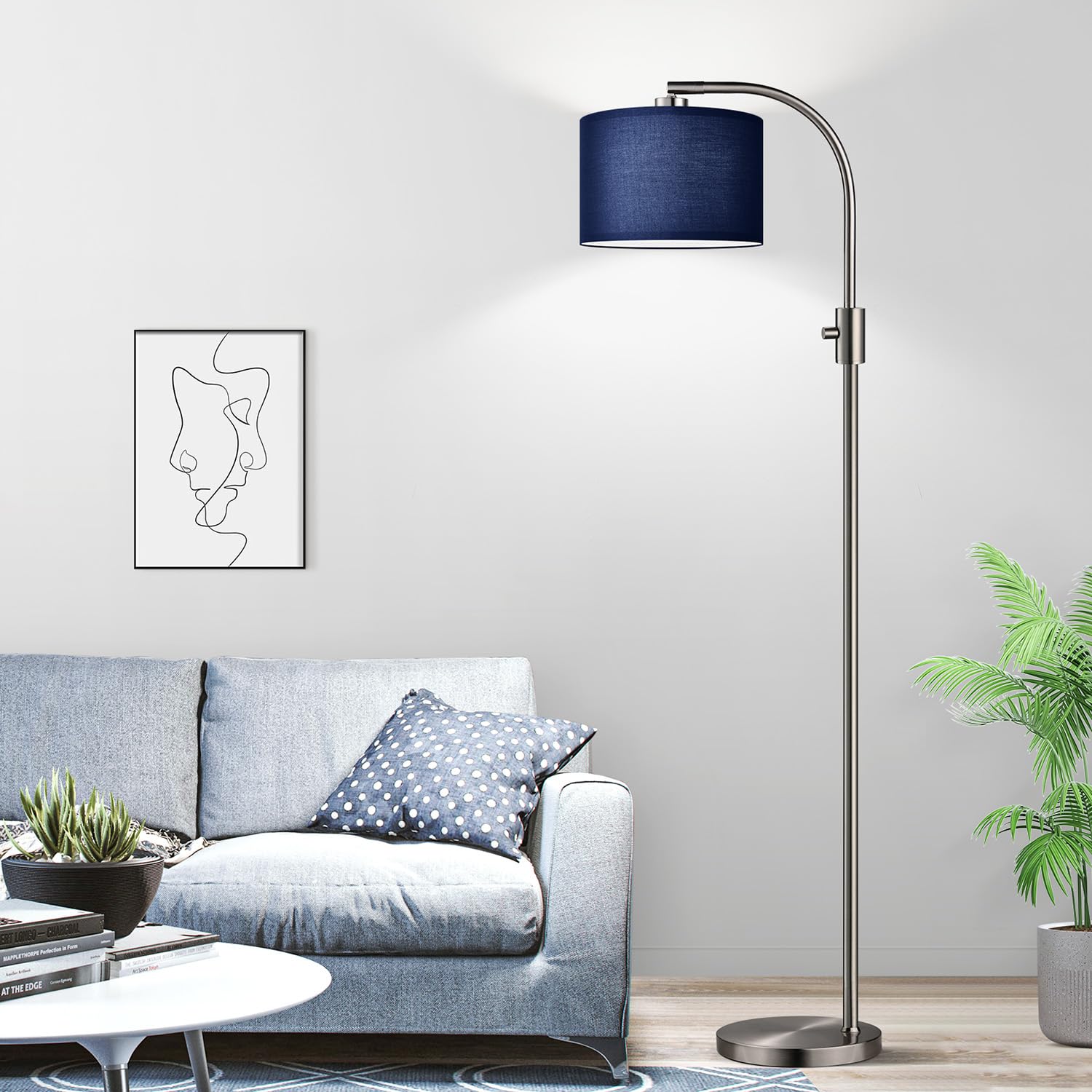 Upgraded Modern Arc Dimmable Tall Standing Floor Lamp with Blue Shade, 1200 Lumens LED Bulb Included, for Living & Reading Room, Bedroom, Office & Nursery, Brushed Nickel
