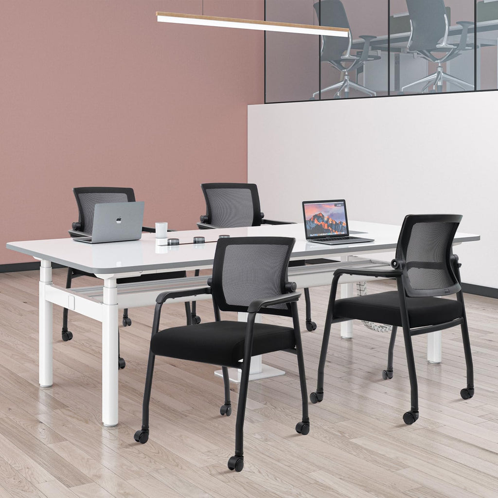 4 Pack Black, Waiting Room Chairs with Wheels, Adjustable Mesh Backrest, Desk Chair with Ergonomic Lumbar Support and Thickened Seats Cushion,