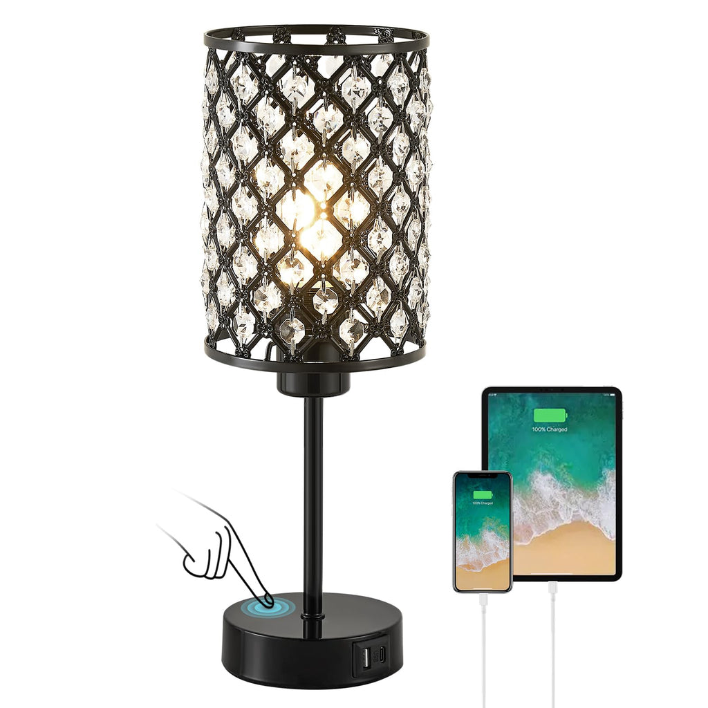 Crystal Table Lamp, Black Touch Lamp with USB C+A Port, 3-Way Dimmable