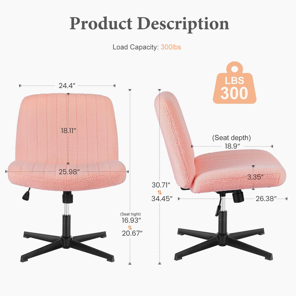 Criss Cross Chairs Legged Armless No Wheels Wide Seat Height Adjustable Swivel Rolling Padded Furry Cute Home Office Desk Seating for Bedroom, Student, Study Room